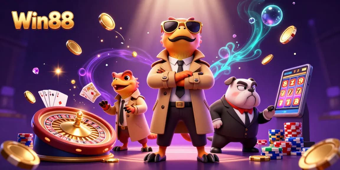 Win88 raptors sneak into a VIP casino lounge, showcasing stacked poker chips and games.