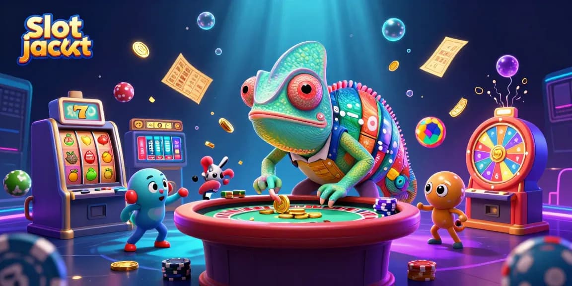 Slot jackpot yang menarik dengan chameleon kasino dan elemen permainan di sekitarnya.