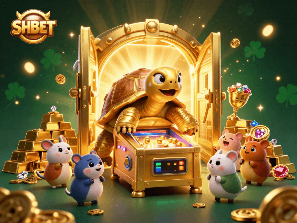 SHBET players enjoying a vibrant 3D casino scene with golden treasures and a colossal gaming tortoise.