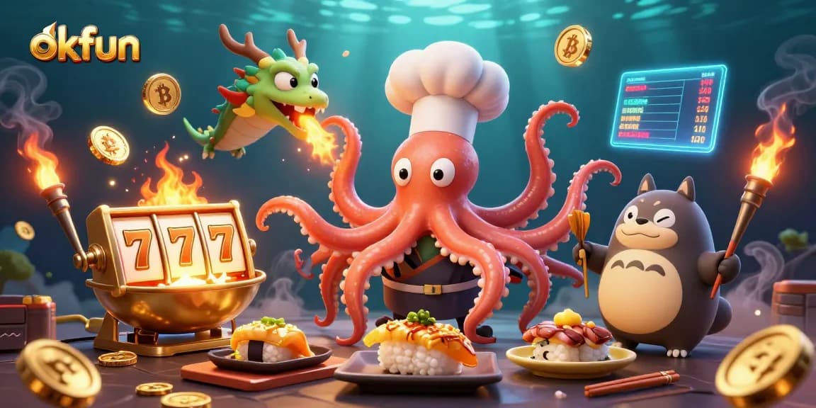 Engage with Okfun's vibrant online casino experience featuring a playful octopus chef amidst jackpot symbols.