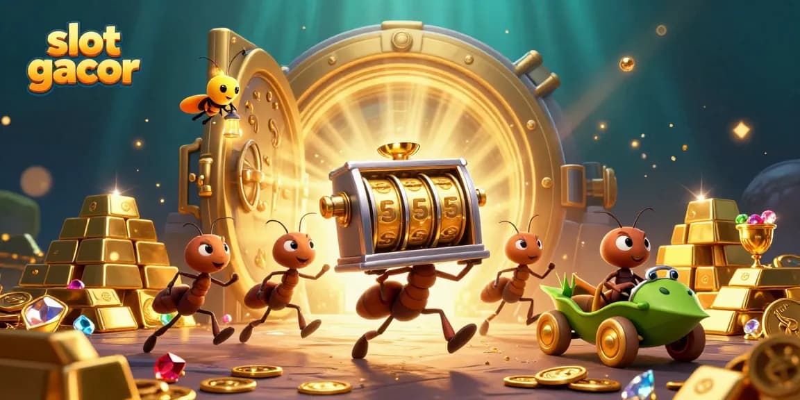 Slot gacor menarik perhatian dengan karakter lucu bermain slot dan harta karun berkilauan.