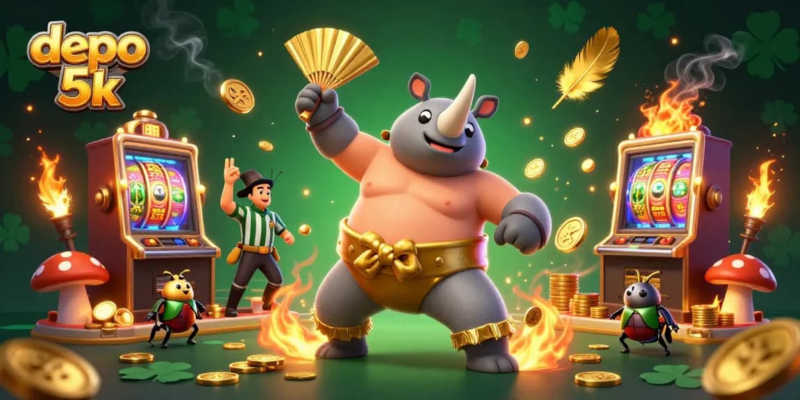 Spin to win at depo 5k, a vibrant casino scene filled with golden coins and slot machines.