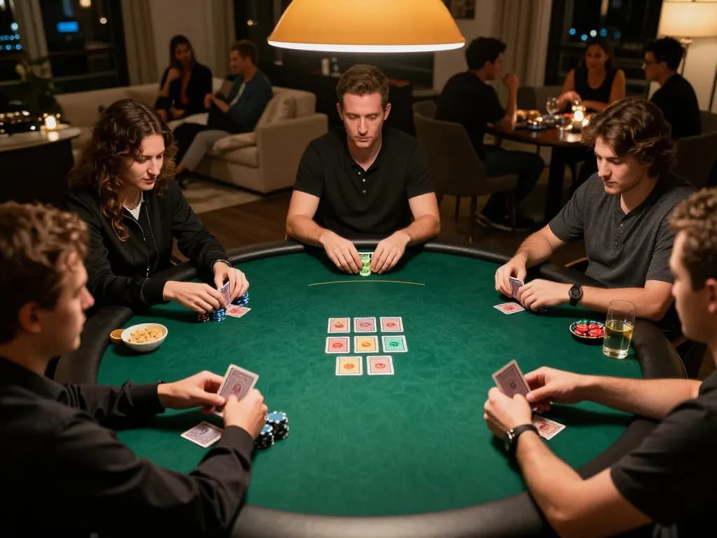 Jun88 poker game view with players holding cards and vibrant chips on table