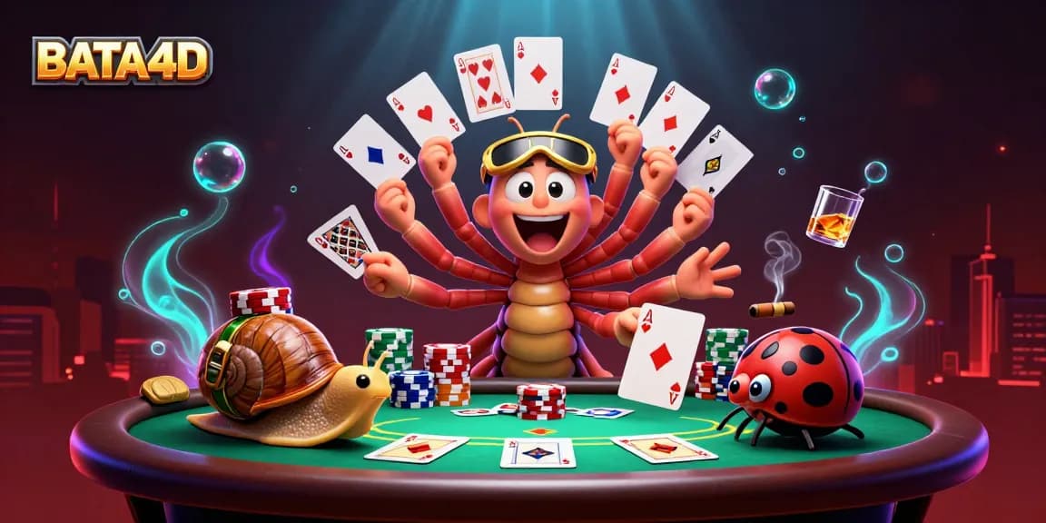 BATA4D beraksi di meja poker yang ramai dengan dealer, chip, dan elemen permainan yang menarik.