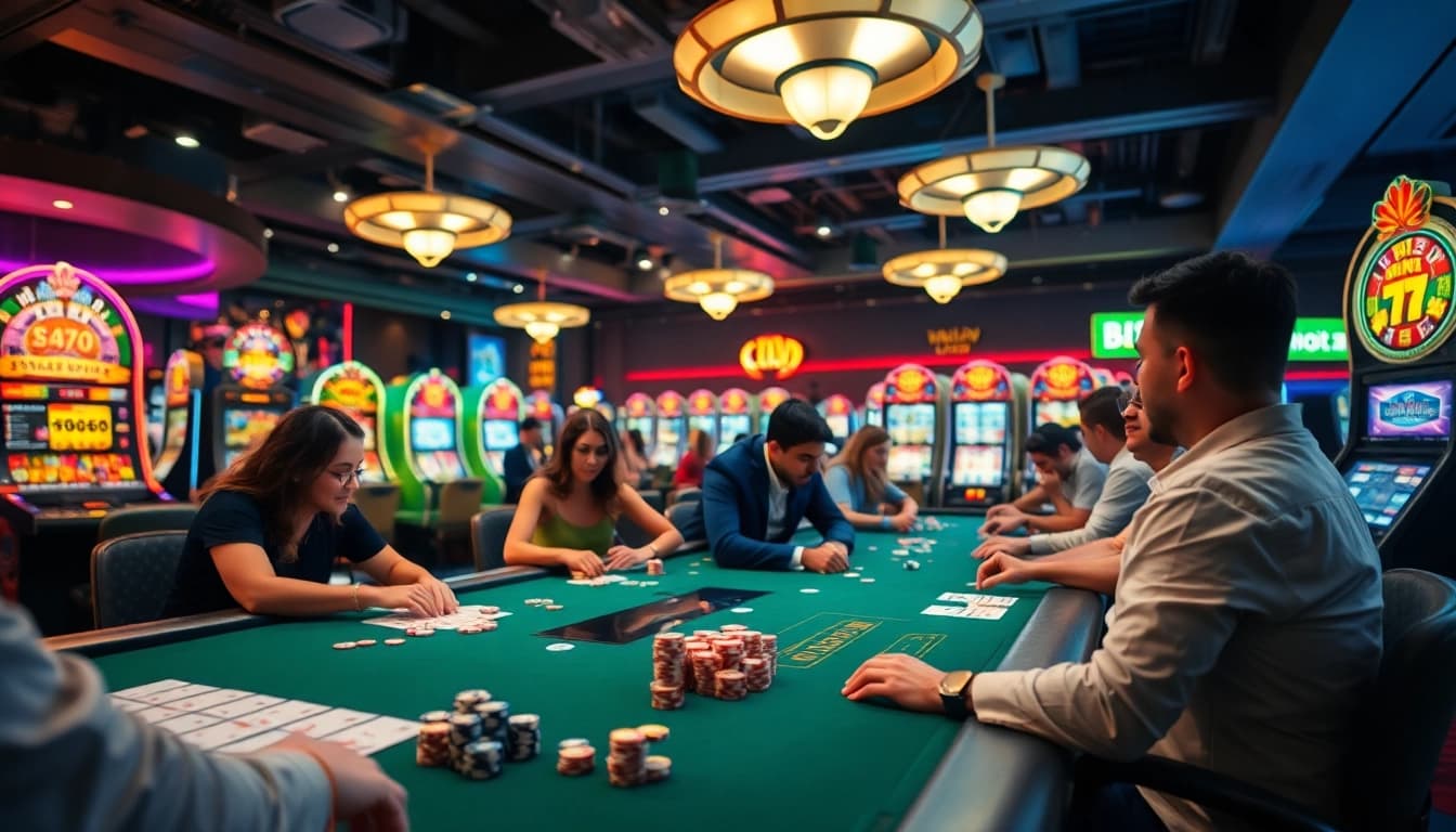 Situs toto menghadirkan suasana kasino yang ramai dengan pemain terlibat dalam permainan seru.