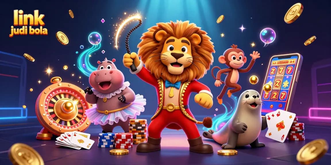 Win big with link judi bola in a vibrant casino scene featuring a playful circus theme.