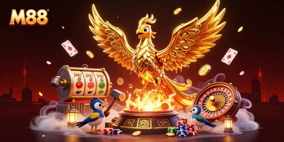 M88 elevates your gaming experience with a vibrant phoenix scene surrounded by floating casino elements.