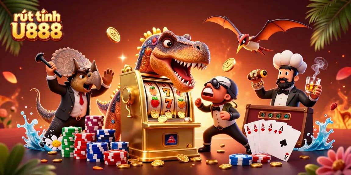 Experience rút tiền U888 excitement with a vibrant 3D cartoon casino scene of jackpots and adventure.