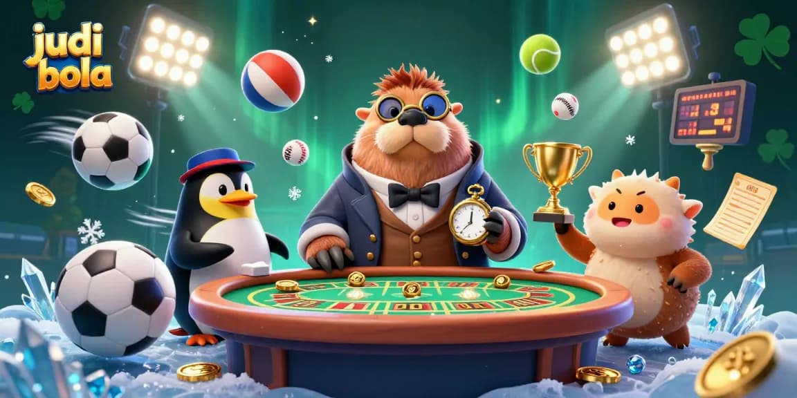 Engaging scene of judi bola with a walrus, penguin dealer, and pufferfish at a sports betting table