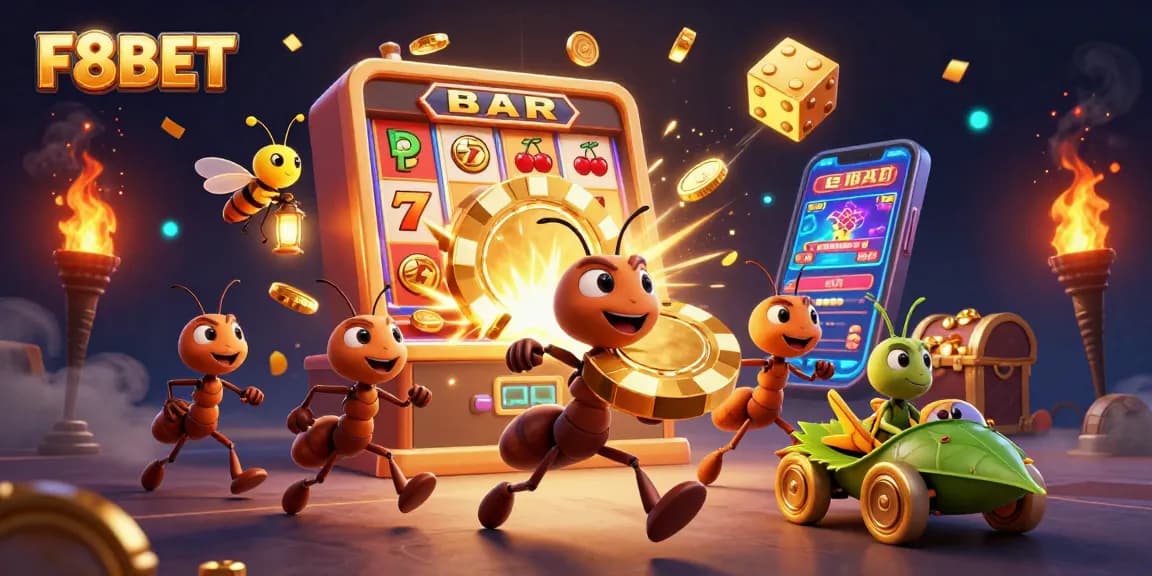 Experience the thrilling action of F8BET with a heist of ant characters racing for a golden poker chip amidst a vibrant casino scene.