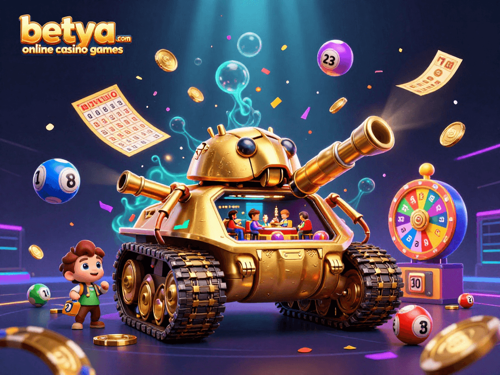 Explore betya.com online casino games with a colorful, lively 3D casino scene filled with exciting elements.