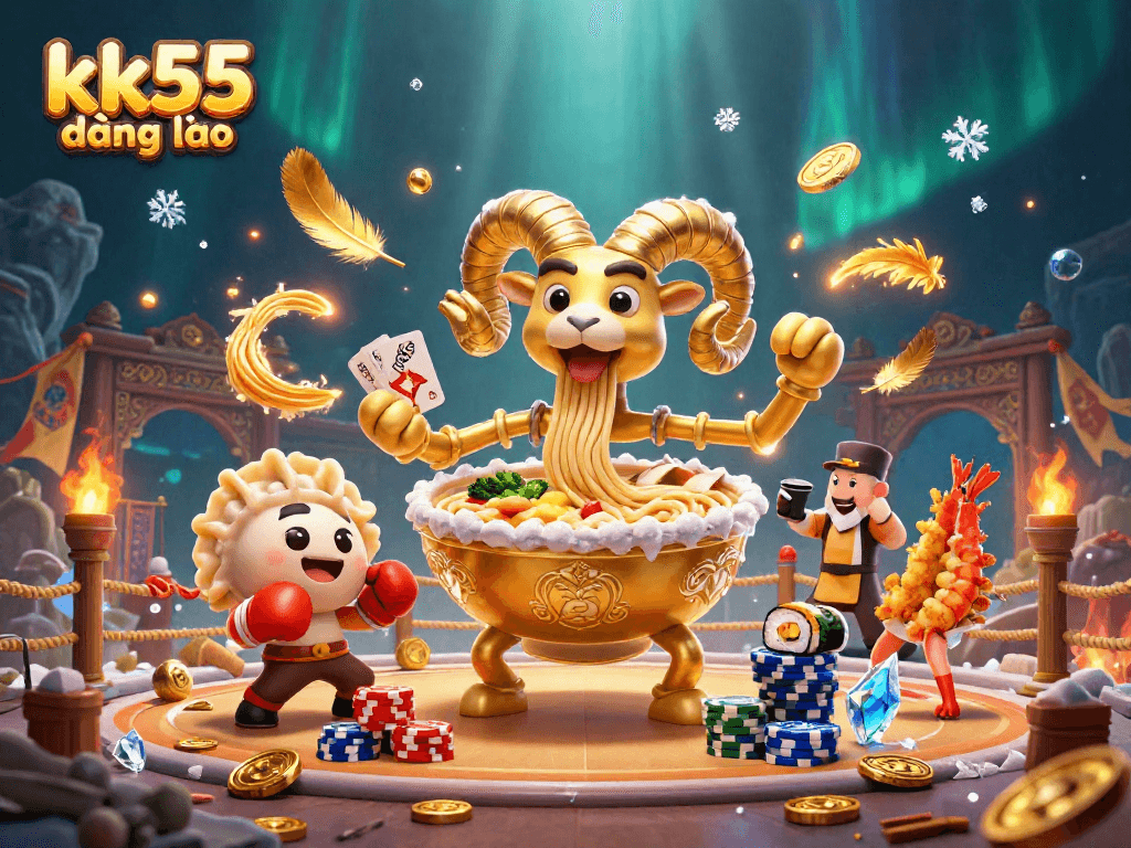 Engage in thrilling gaming with kk55 đăng nhập as a giant golden ramen bowl gaming dealer surrounded by rich animations and effects.