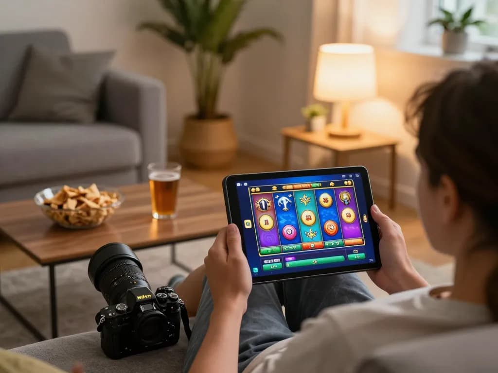 Berpartisipasi dalam permainan slot online di tablet dalam suasana ruang tamu yang nyaman, menunjukkan permainan yang strategis.