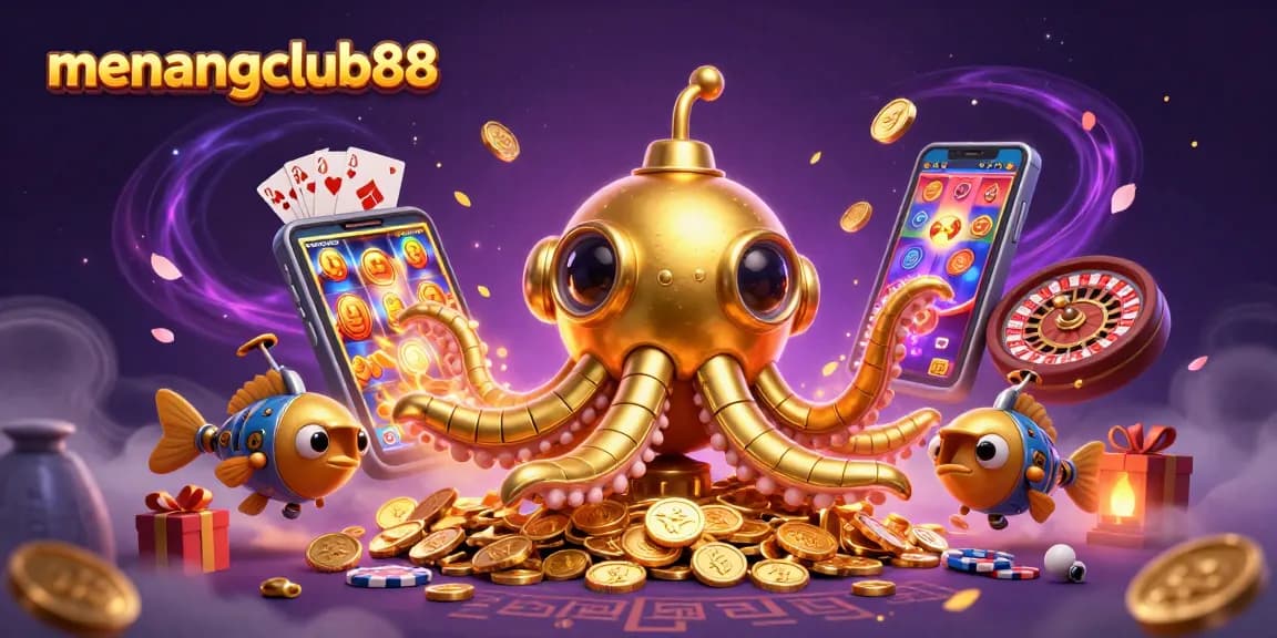 Play thrilling slot games at menangclub88, with a vibrant 3D scene featuring a kraken submarine and vibrant casino elements.