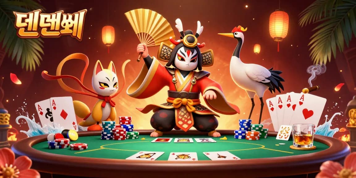 Experience thrilling poker action with 텐텐벳's kabuki warrior and kitsune, showcasing vibrant game elements.