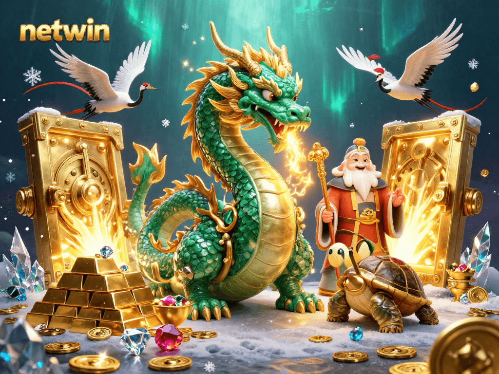 Experience the thrill of netwin with a majestic dragon amid treasures and fortune in this captivating illustration.