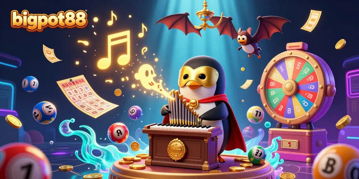 Play and win with bigpot88 as golden coins rain from a whimsical casino pipe organ.