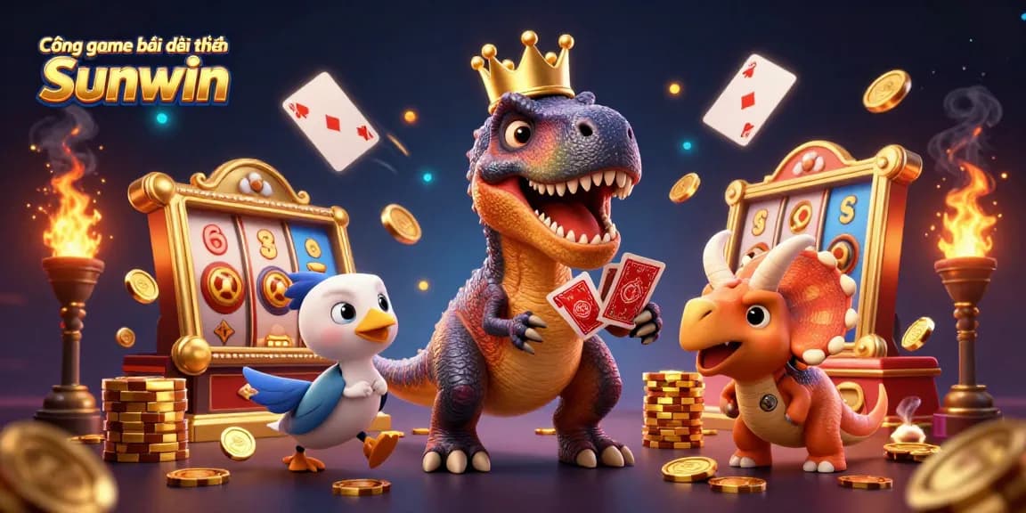 Cổng game bài đổi thưởng Sunwin showcases a fun 3D scene with a friendly T-Rex shuffling cards, enhancing online casino excitement.