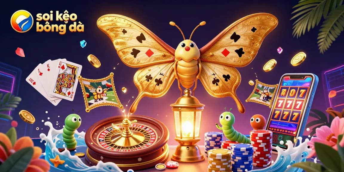 Soi kèo bóng đá with a dynamic 3D illustration featuring golden-winged moths, casino elements, and vibrant betting imagery.