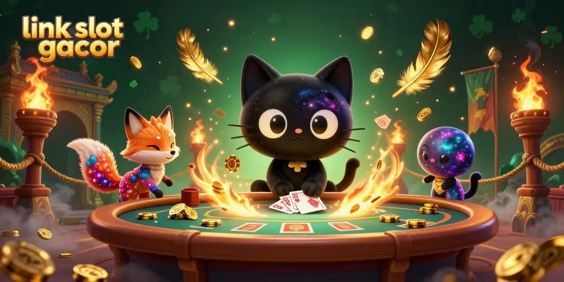 Menggandeng link slot gacor, kucing hitam berputar menarik chip emas sambil dikelilingi elemen kasino yang ceria.