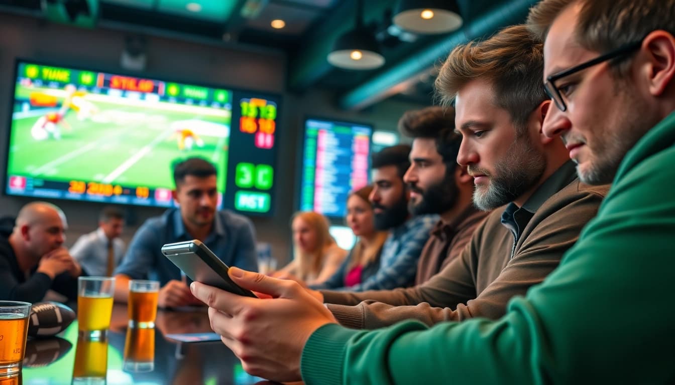 Engaged bettors analyzing Sports Betting odds in a lively sports bar setting.