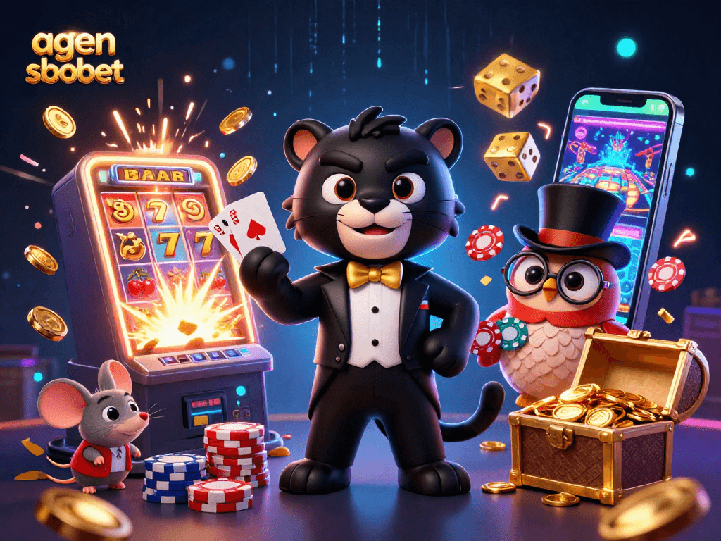 Engage in agen sbobet action with a stylish cartoon panther dealing cards amid a dynamic casino scene.