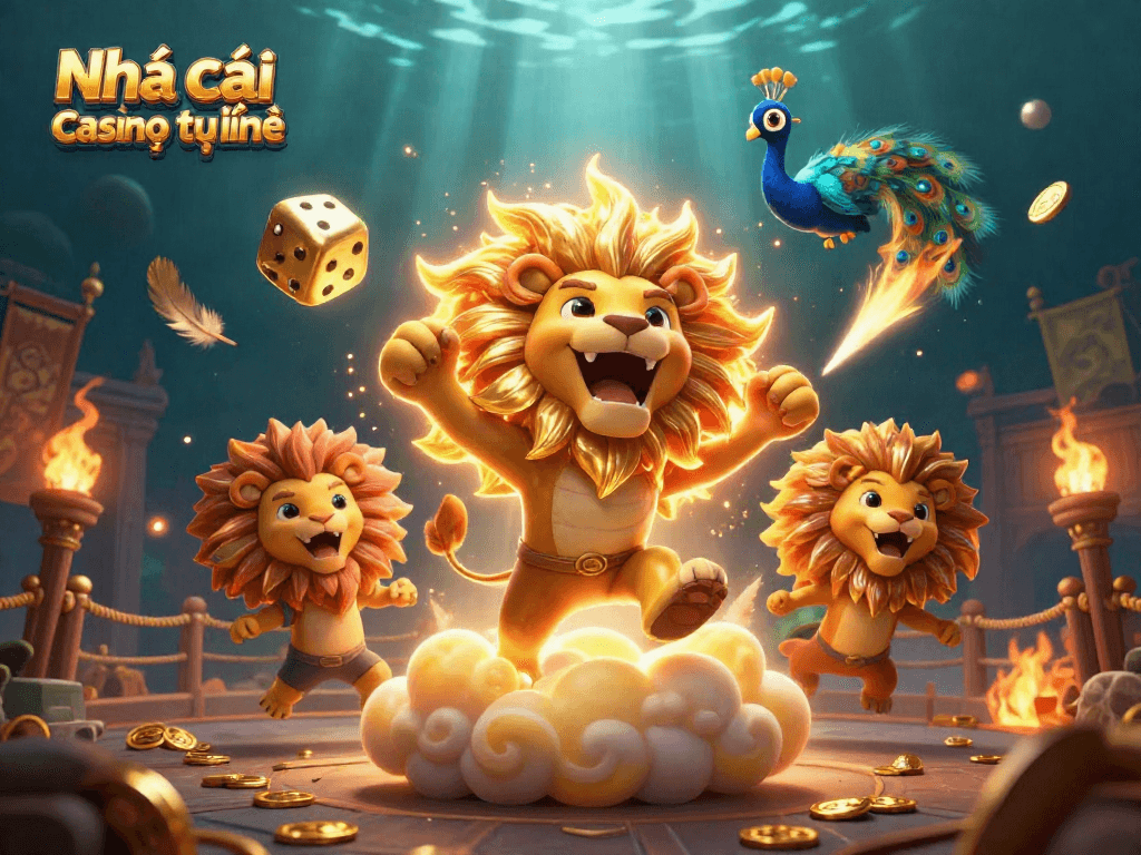Experience the thrill of Nhà cái casino trực tuyến with the majestic sun lion and golden dice.