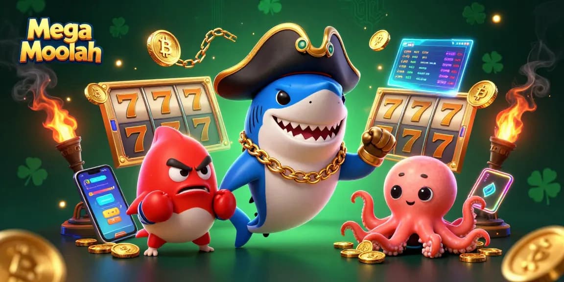 Engage in Mega Moolah slots adventure with vibrant 3D characters and rich casino elements.