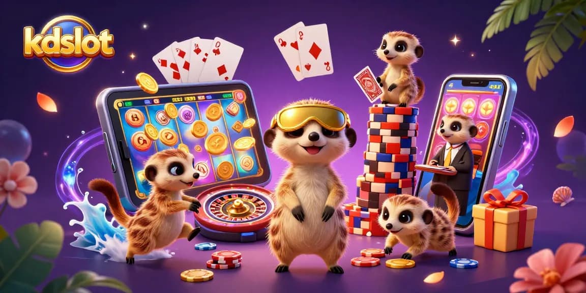 kdslot meerkats running a casino, showcasing vibrant gaming elements and excitement