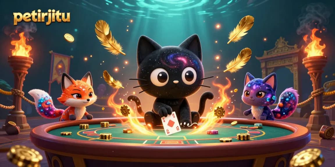 Menangkan permainan di petirjitu dengan kucing hitam galaksi menarik chip emas dan kartu.