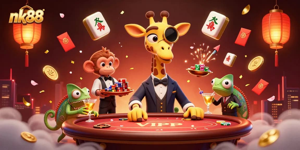 Experience high-stakes action at nk88 with our 3D illustration of a winning giraffe at a poker table.