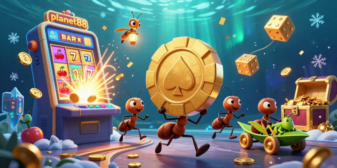 Engage in thrilling wins at planet88 with a dynamic scene of ants heisting a giant poker chip amidst casino elements.