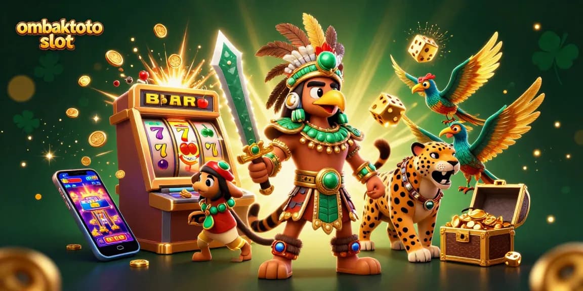 Experience the excitement of ombaktoto slot with vibrant characters and dynamic casino elements in a 3D illustration.