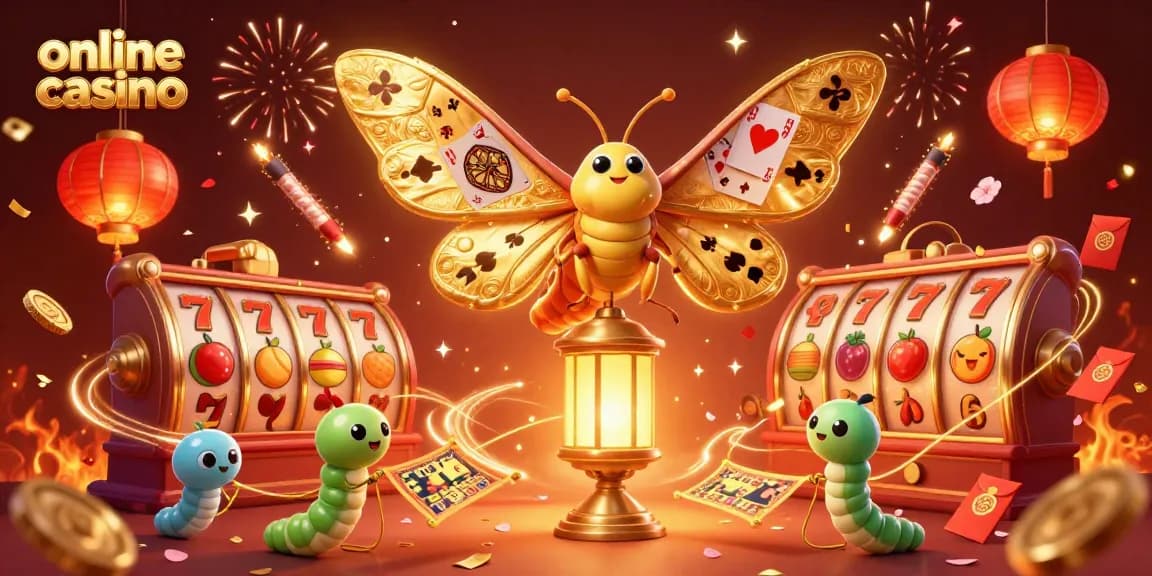 Explore vibrant themes of online casino action with golden moths and festive elements.