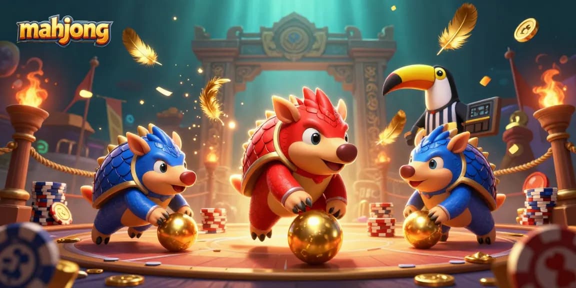 Compete in exciting mahjong battles with animated pangolins amidst a rich casino backdrop.