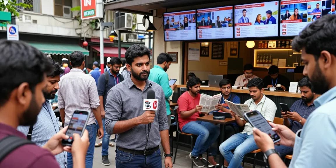 Engaging urban news reporting scene showcasing https://www.theindaily.com with a journalist amidst live viewers and digital screens.