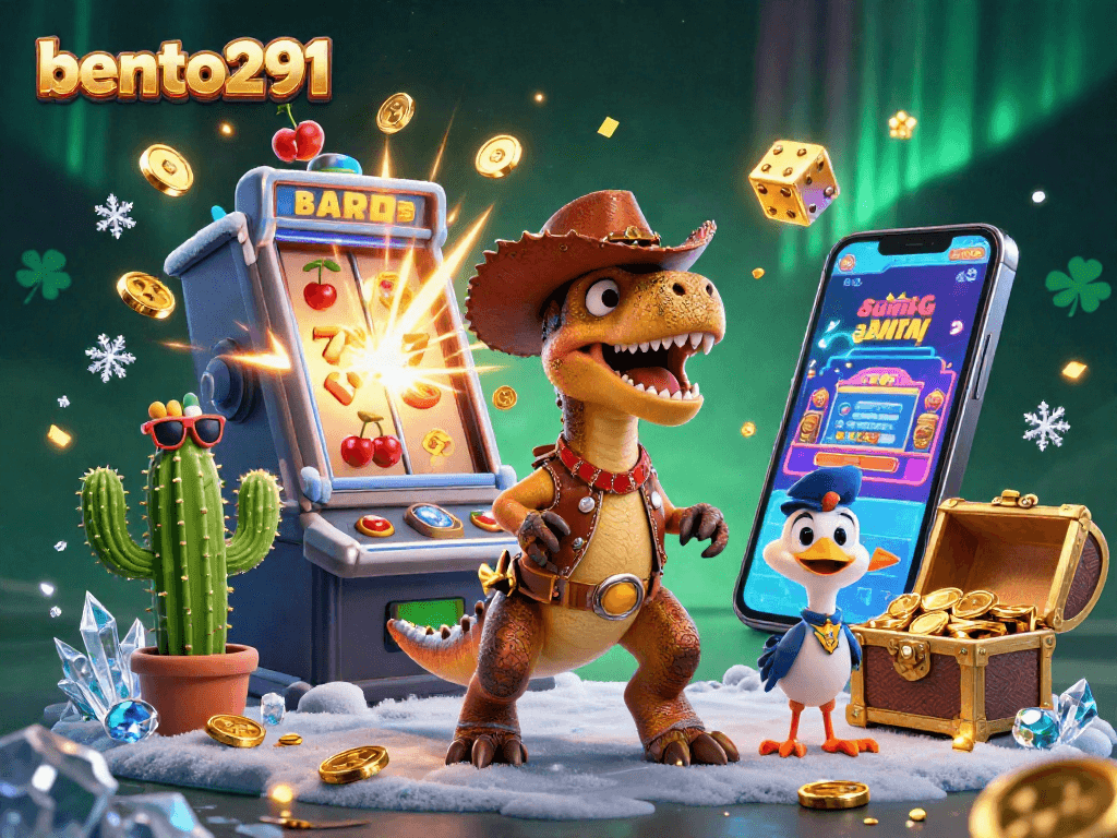 Bento291 showcases a vibrant casino scene with characters engaging in slot action and jackpot thrills.