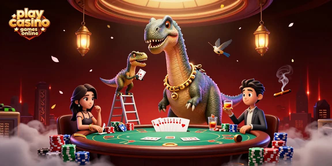 Play casino games online illustration with a dinosaur and raptor at a poker table