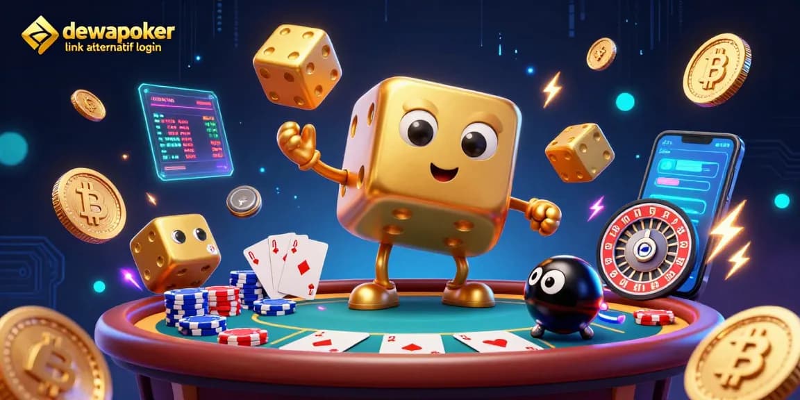 Engage with dewapoker link alternatif login through vivid 3D casino imagery showcasing poker elements and vibrant character designs.