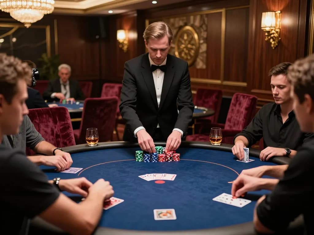 High-stakes poker game in a luxurious setting at 33win, showcasing players engrossed in strategic gameplay.