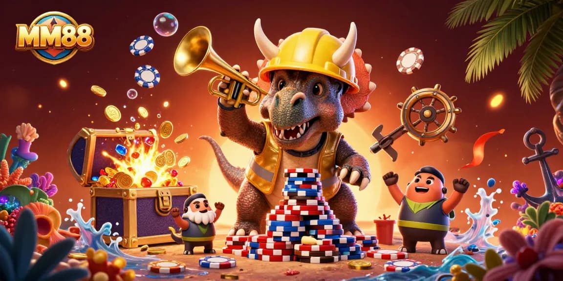 This vibrant scene showcases MM88 with a triceratops building poker chip pyramids amidst colorful casino-themed elements.
