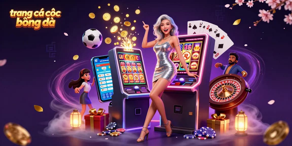 Enjoying trang cá cược bóng đá with an excited Asian woman winning at a slot machine.