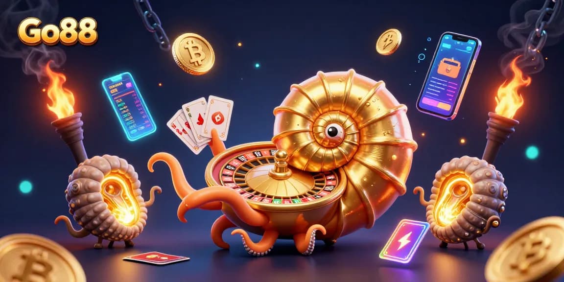 Engage in thrilling gameplay at Go88 with vibrant casino-themed 3D illustration featuring roulette and cards.
