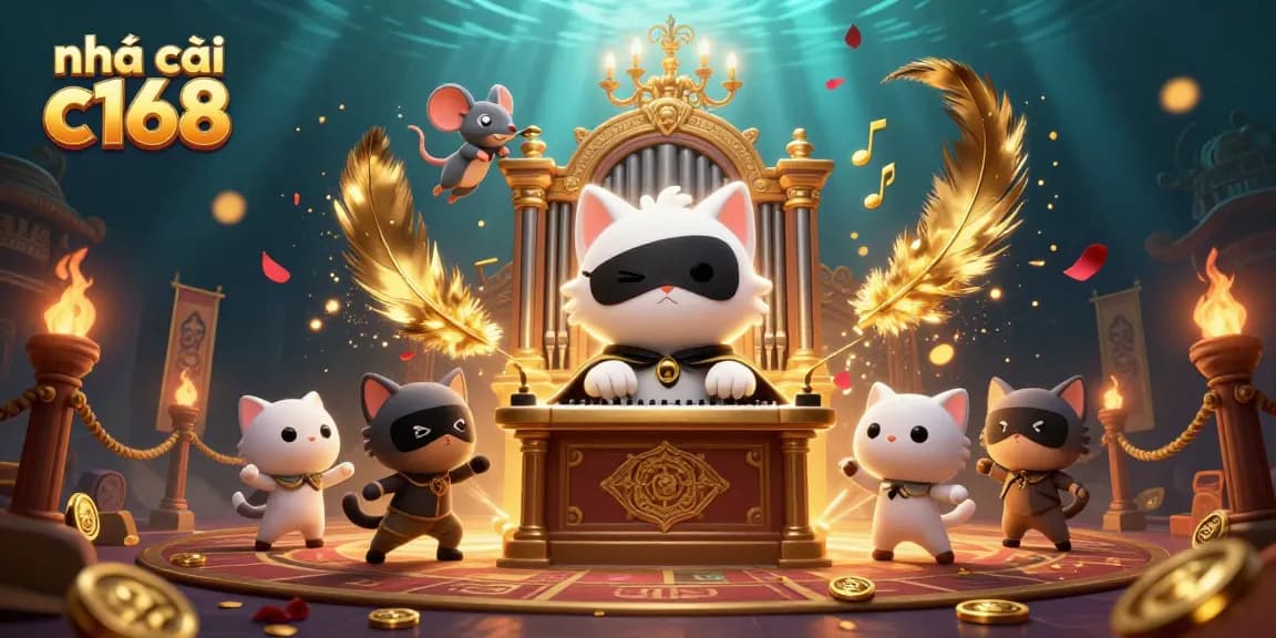 Experience the excitement at nhà cái c168 with animated characters and swirling casino elements.