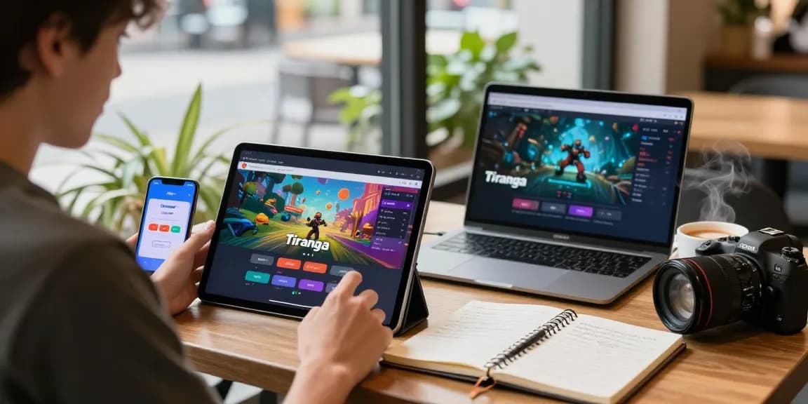 Tiranga Game Login screen on a tablet in a cozy café, showcasing vibrant game graphics and engaging gameplay.