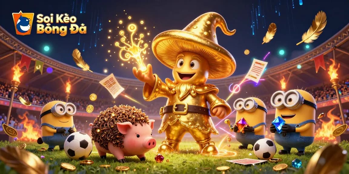 Soi Kèo Bóng Đá showcasing a magical sports betting wizard transforming elements into gold with dynamic visuals.