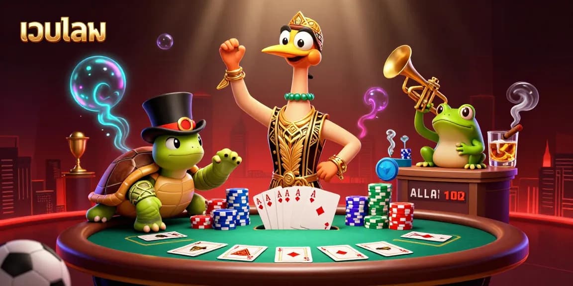 Engage in เว็บบอล action with a vibrant 3D scene filled with sports elements, poker chips, and lively characters.