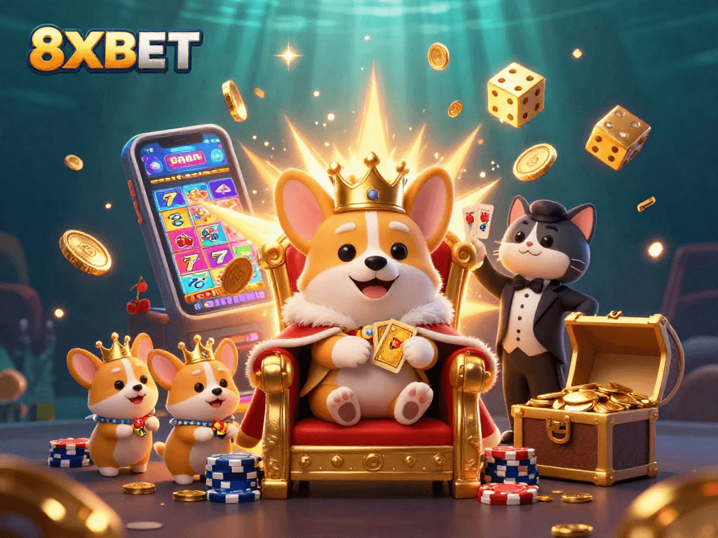 Experience excitement at 8XBET with golden crowns, poker chips, and a dynamic jackpot explosion.