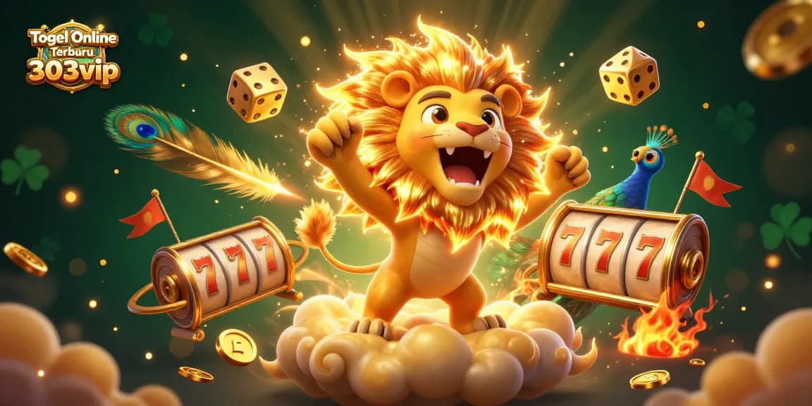 Engage with Togel Online Terbaru 303vip showcasing a vibrant scene of winning slot reels and golden dice.