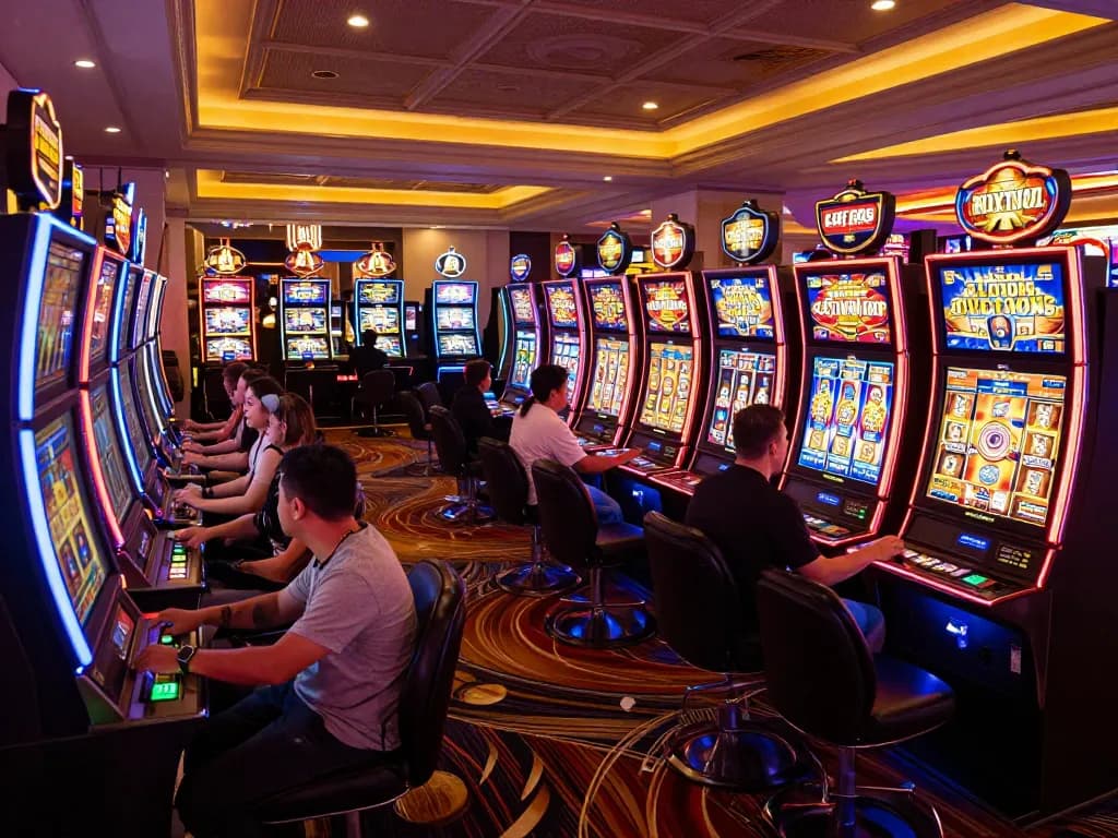 Players engaging with vibrant slot machines in a lively casino atmosphere featuring W69 gaming.